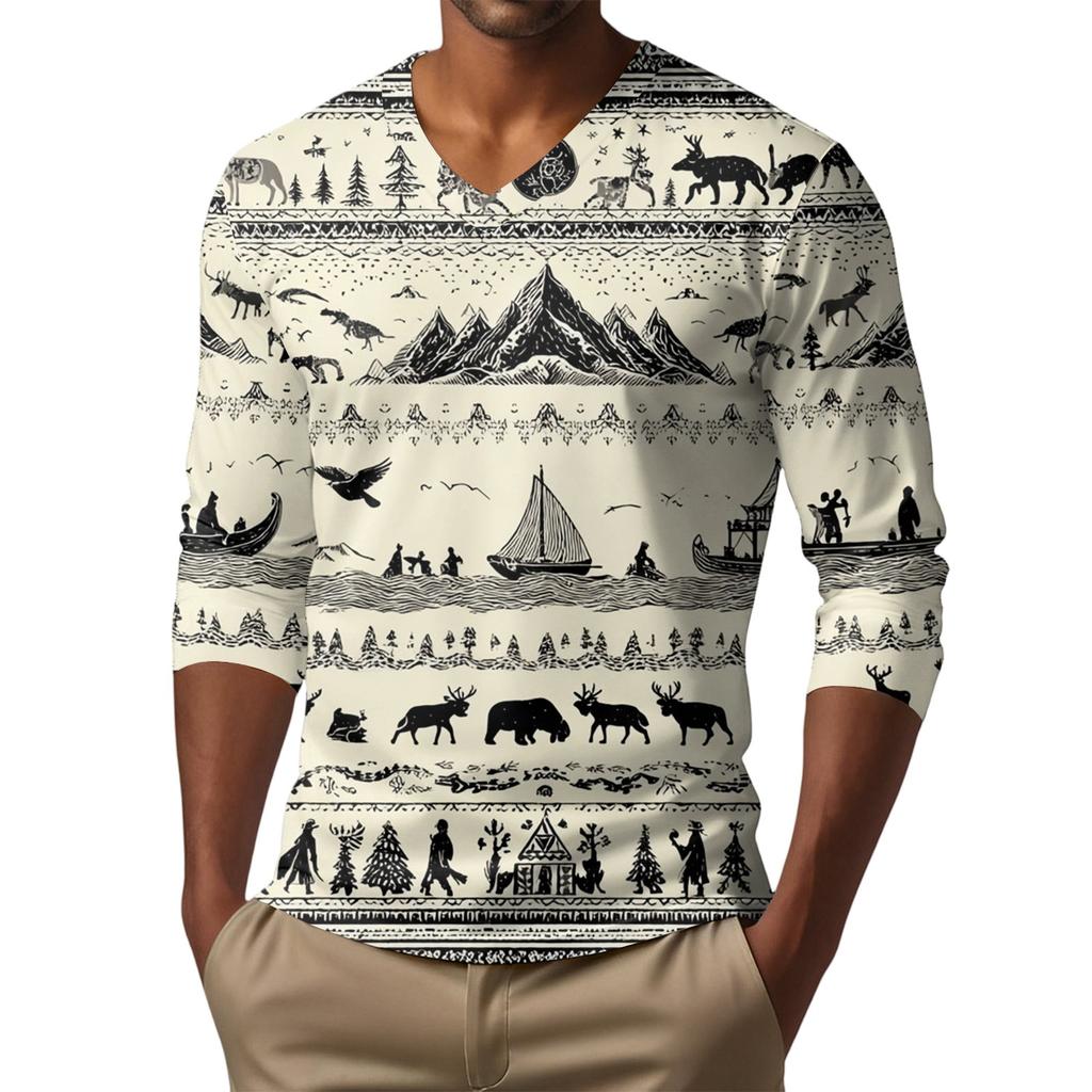 Men's V-neck Casual Fashion Printed Long-sleeved T-shirt Top