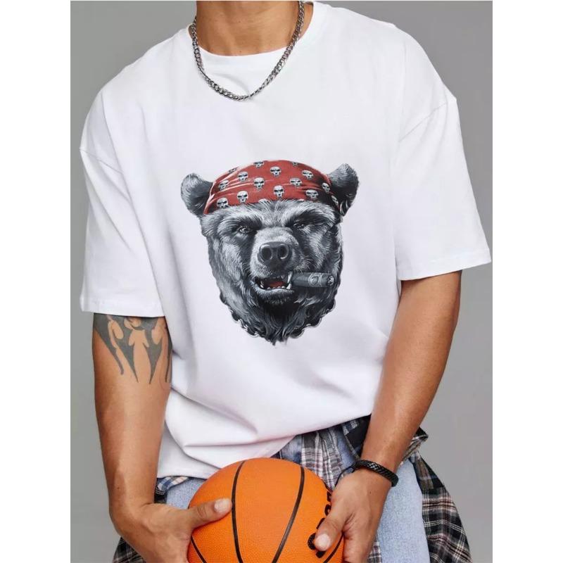 Bear Head Bandana T Shirt White Bear with Red Skull Bandana and Cigar Graphic Streetwear Casual Wear