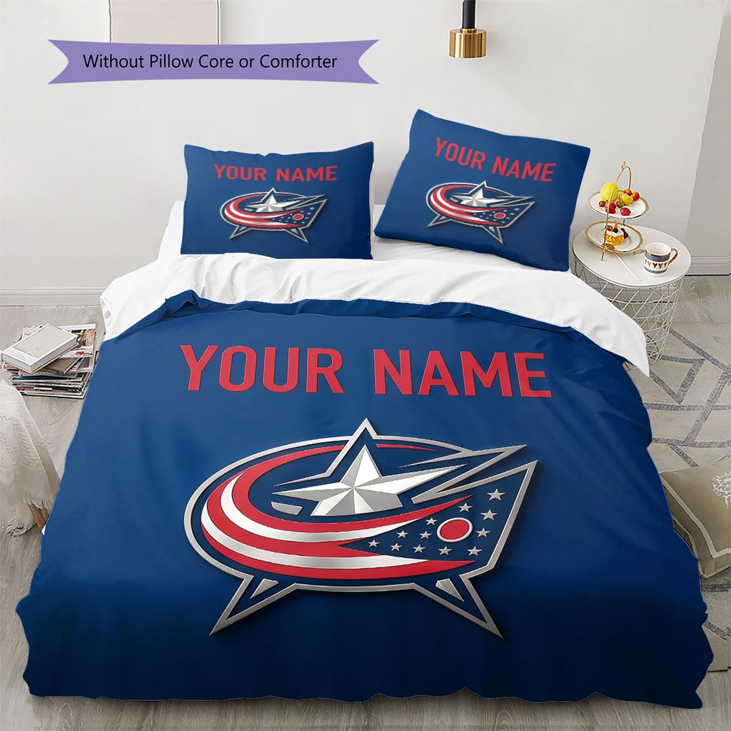 Custom Name,Columbus Blue Jackets Pattern Bedding Home Decoration Birthday Gift ( 1 Duvet Cover + 2 Pillowcase, Without Core),fan Merchandise.