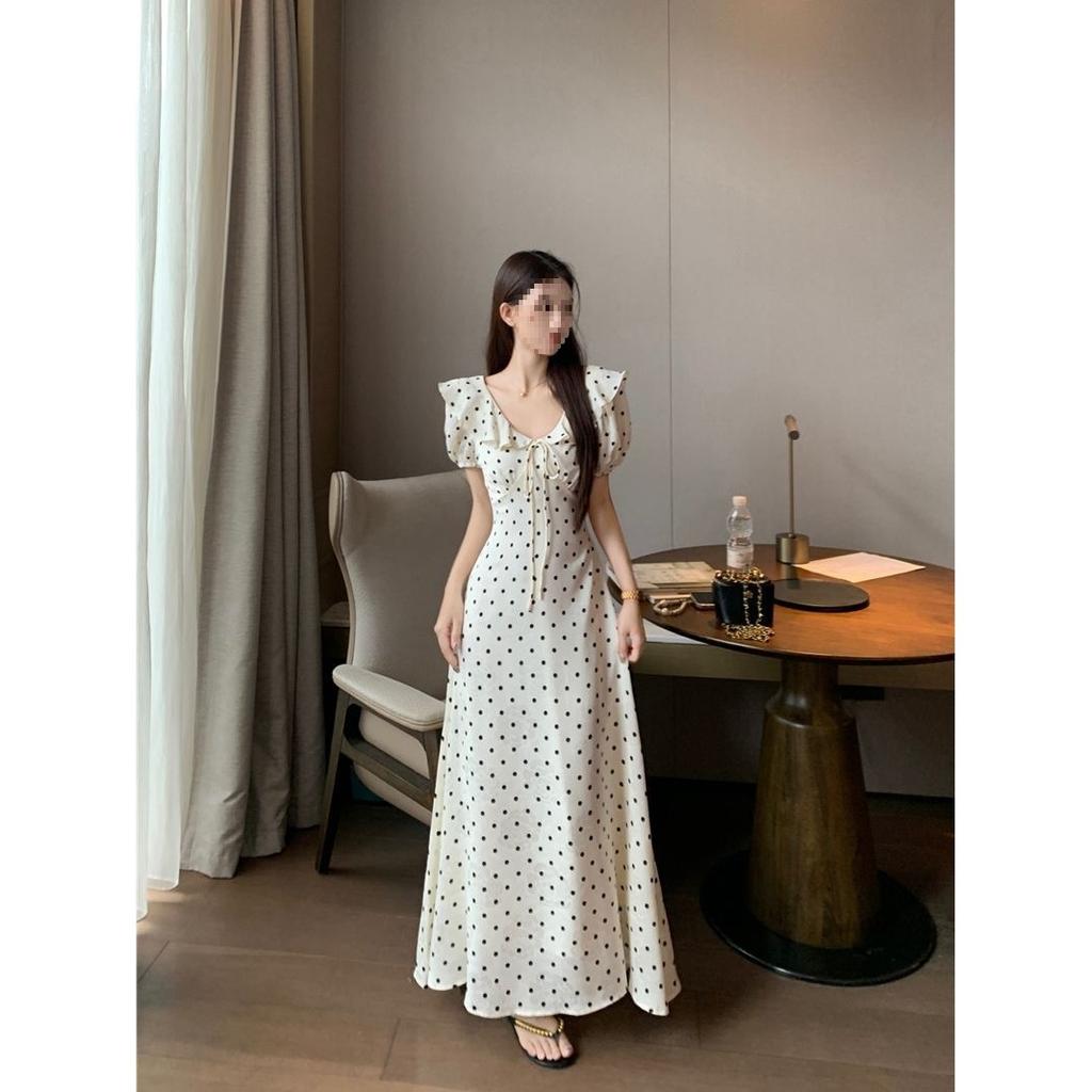 French lace-up bubble sleeve polka dot dress women's summer new ruffle edge waist thin chic temperament long dress