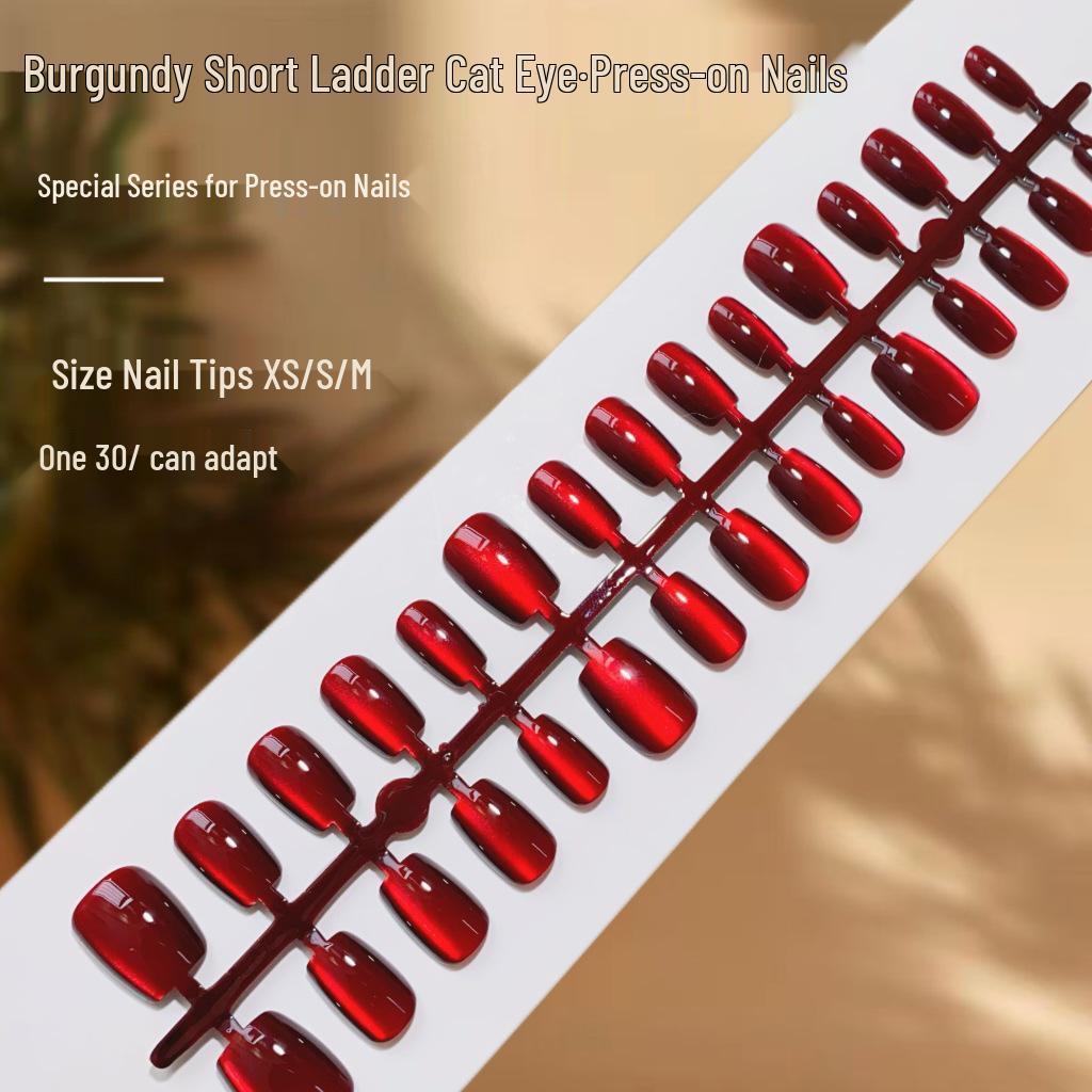 

Burgundy Cat Eye False Nails: High-End, Wearable, Short Nail Tips