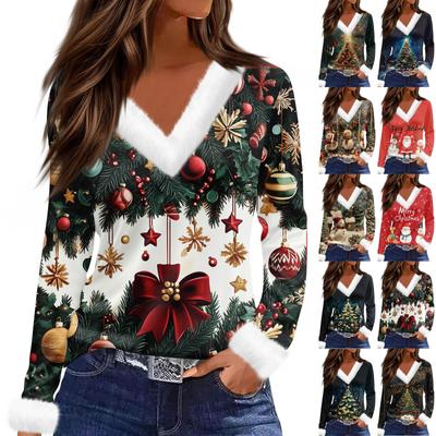 Women's Fashionable V Neck Long Sleeved Christmas Printed Plush Collar Casual Top