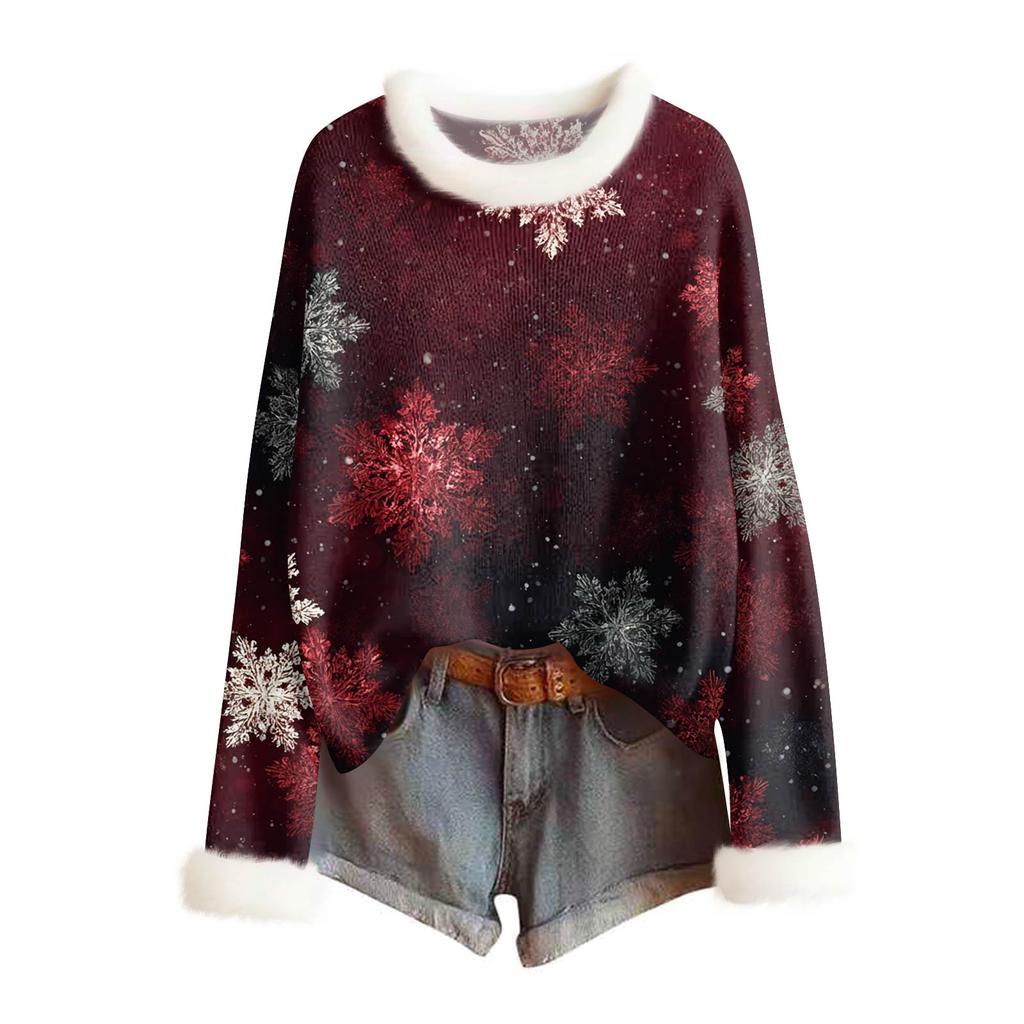 Women's Fashionable Christmas Printed Wool Collar Sweater Casual Long Sleeved Knitted Pullover Top
