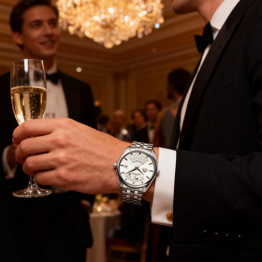 Herrenuhr Vollautomatische Mechanische Uhr Ewiger Kalender Großes Zifferblatt Stahlband Wasserdicht Freizeituhr Stahlband Ganz Weiß RA-BA0004S10B