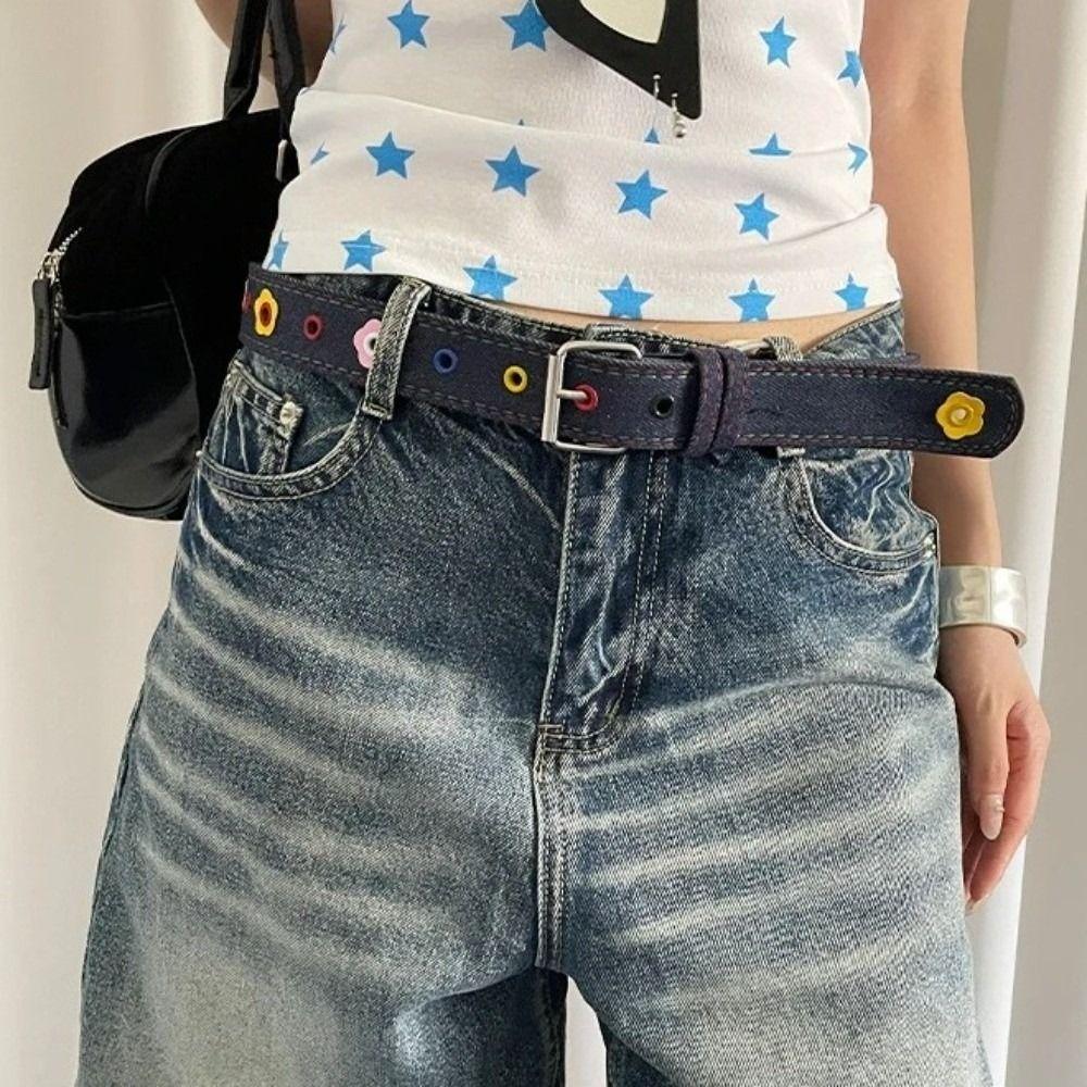Adjustable Dopamine Flower Belt Y2k Women's Jeans Belt Fashion Pin Buckle Waistband  Women Gifts