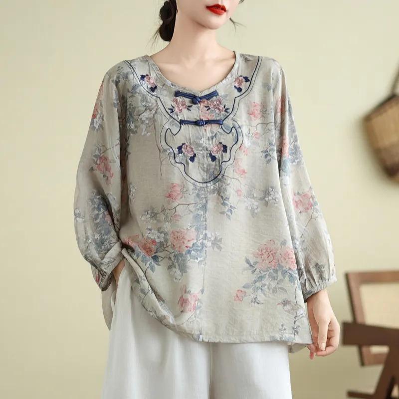 Autumn New Large Size Women's New Chinese Style National Style Embroidered Long-sleeved Tops Loose Pullover T-shirt