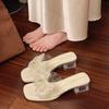 Fashion Elegant Women's Pearl Bowtie Sandals Summer 2025 Thick High Heels Jelly Slippers Woman Square Toe Lace Beaded Gladiator Shoes