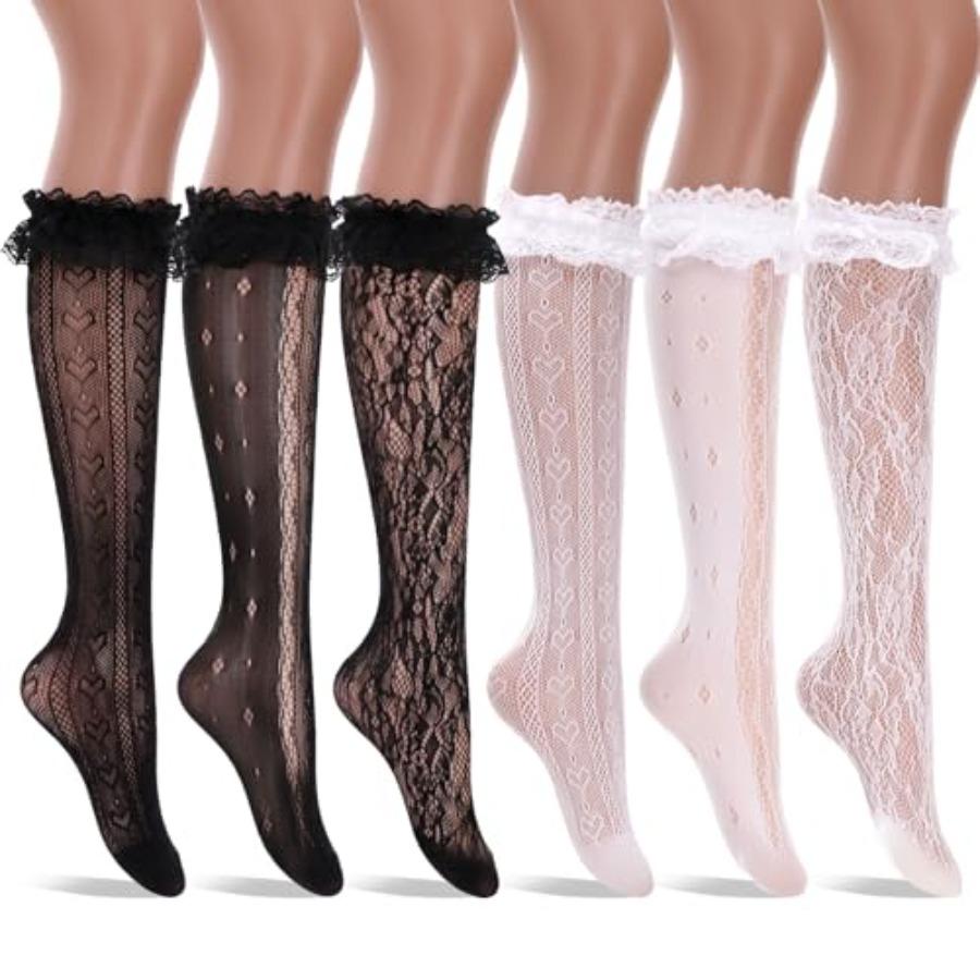 6 Paar Damen Fischernetz Kniestrümpfe Stilvolle Spitze Hohlstrümpfe, Fischernetz Netz Hohlgeschnittene Wadenstrümpfe Für Damen white