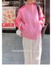 Women's Petite Pink Stand-up Collar Baseball Jacket - Sporty, Casual, for Spring and Autumn