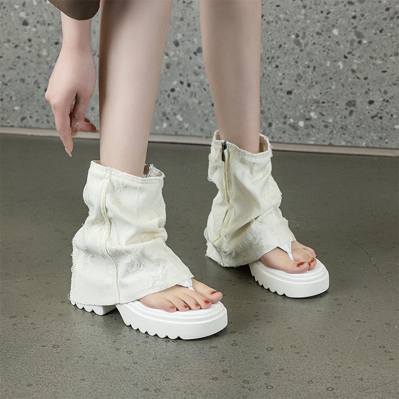 Martin Boots Women's Summer New Denim Clip Toe Pile Socks Boots European and American Style Niche Design Cool Boots Women