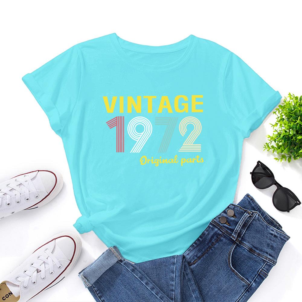 1972 Vintage Alphabet Cotton T-Shirt Short Sleeve Round Neck Women 2d Print Tops