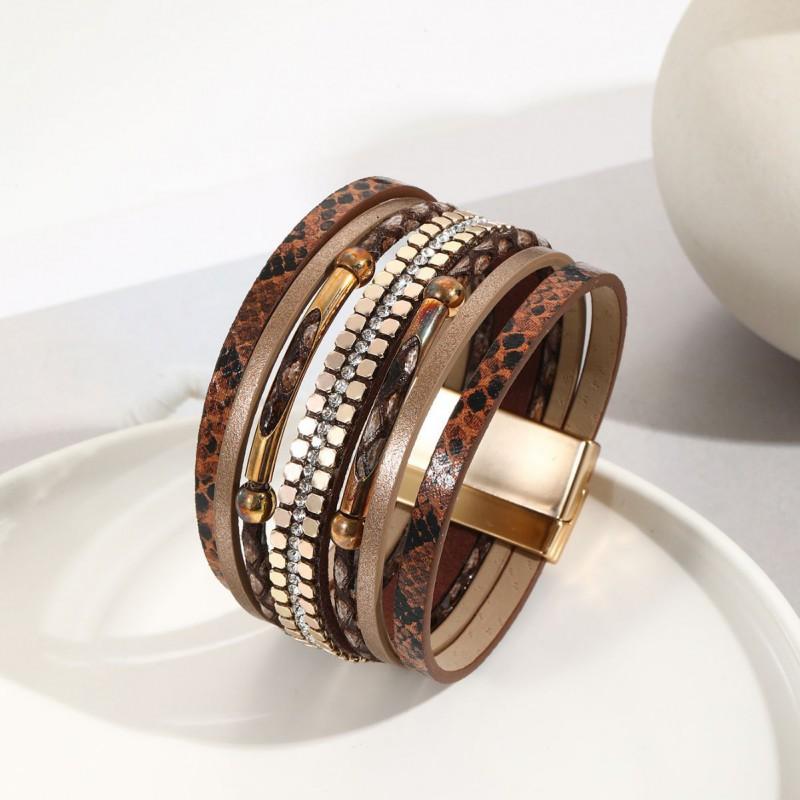 Damen Schlange Haut PU Leder Geflochtenes Armband Mit Magnetverschluss Perlen Anhänger Schmuck