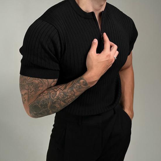 Men's O-neck T-shirt Casual Short Sleeve Solid Color T-Shirt Half-zip Draped Basic Tee Shirt Summer Top for Sports Gym Travel Office Daily Wear