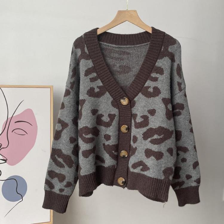 

Women s Fashion Leopard Print V-neck Long Sleeve Cardigan Sweater Soft Comfortable Warm Thicken Knit Coat Casual Loose Cozy Outerwear one size