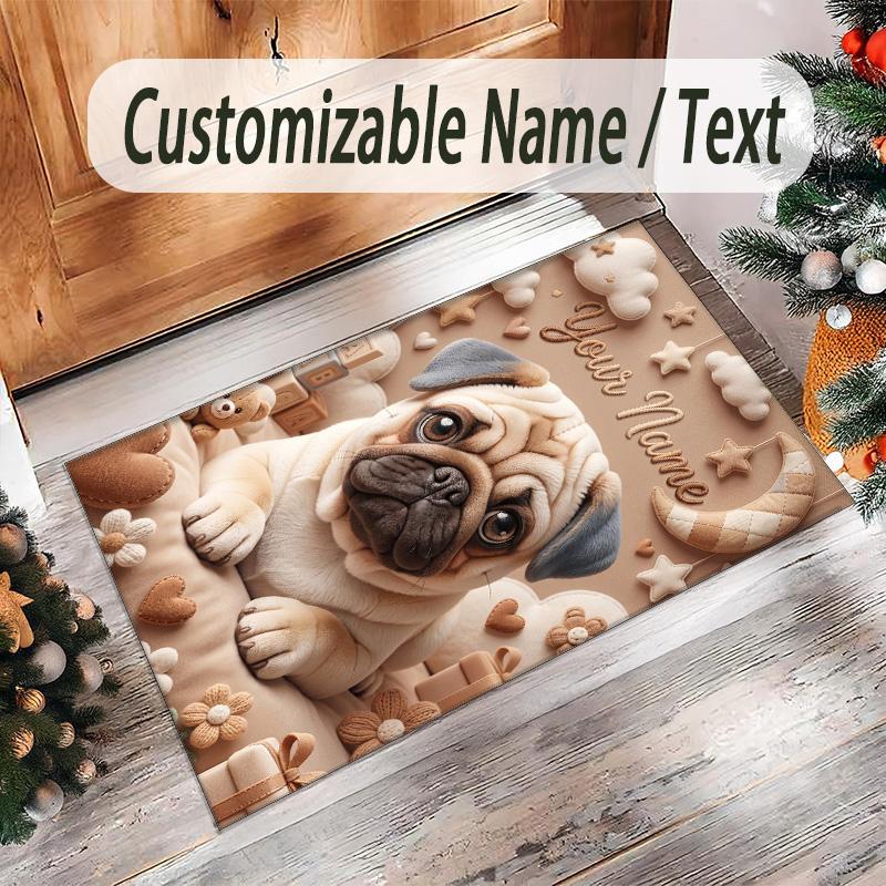 Pug Theme Crystal Velvet Floor Rug Personalized Custom Name Text Warm Carpet Home Decoration