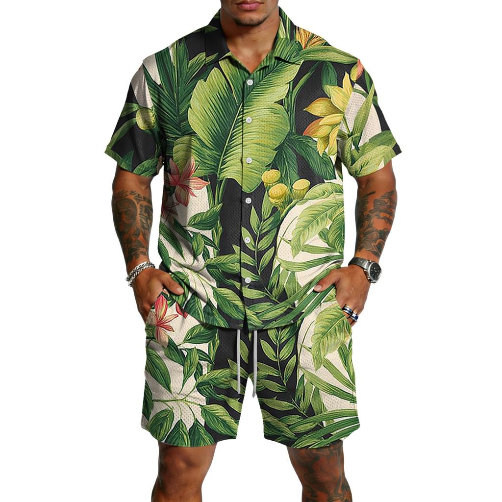 Men's Casual Printed Lightweight Breathable Shirt and Drawstring Shorts Set