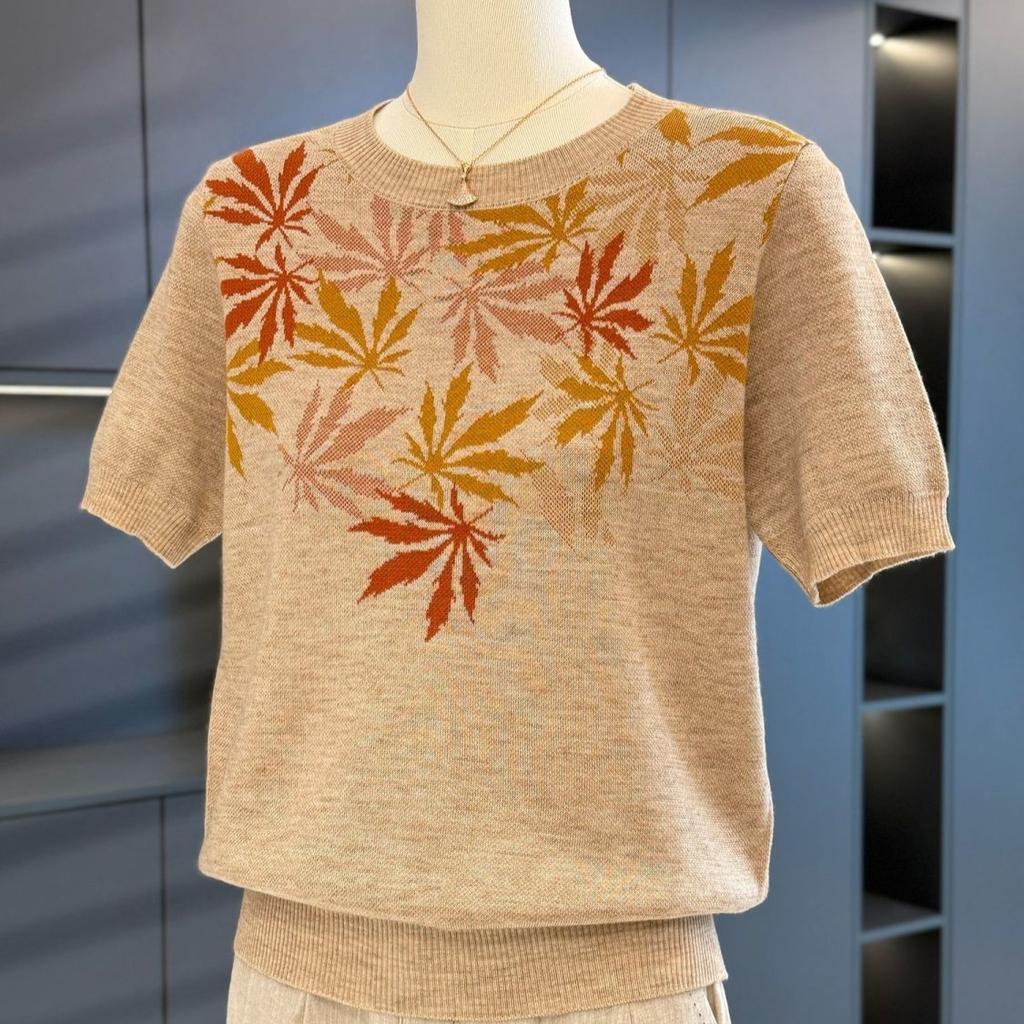 2PCS Thin Knitted Tops Women Printed Cardigan Short Sleeve Knitted T-Shirt Two-piece Round Neck Knitted Cardigan Jacket T-Shirt