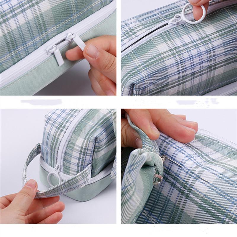 Large-capacity Double-layer Pencil Case Japanese Canvas Student Girl Heart Lattice Plaid Pencil Case Cute Bow Gifts for Girls