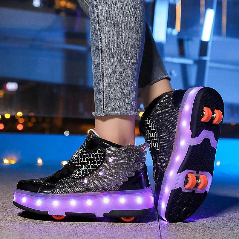 Kid Sneakers Luminous Removeable 4 Wheels Roller Skates USB Charge Wing Panda Sport Casual Skateboard Shoes Girls Boys Skates