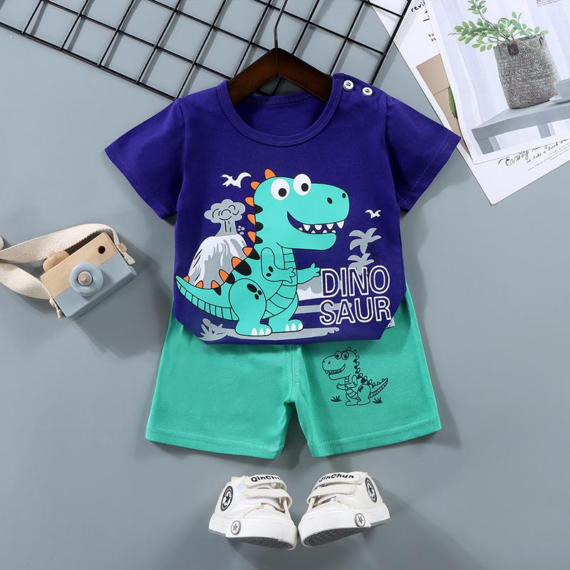 Set de pantaloni de tricou cu mânecă scurtă pentru copii de vară, cu mânecă scurtă, 2 bucăți, largi, din bumbac, ținută de desene animate