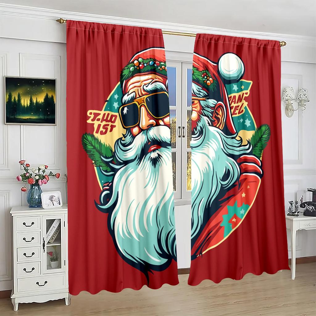 Santa West Coast Print Curtains Piece Winter Polyester Set Bedroom Living Room Study Decor Holiday Window Scenery Curtain Made Of Washable Area Ready