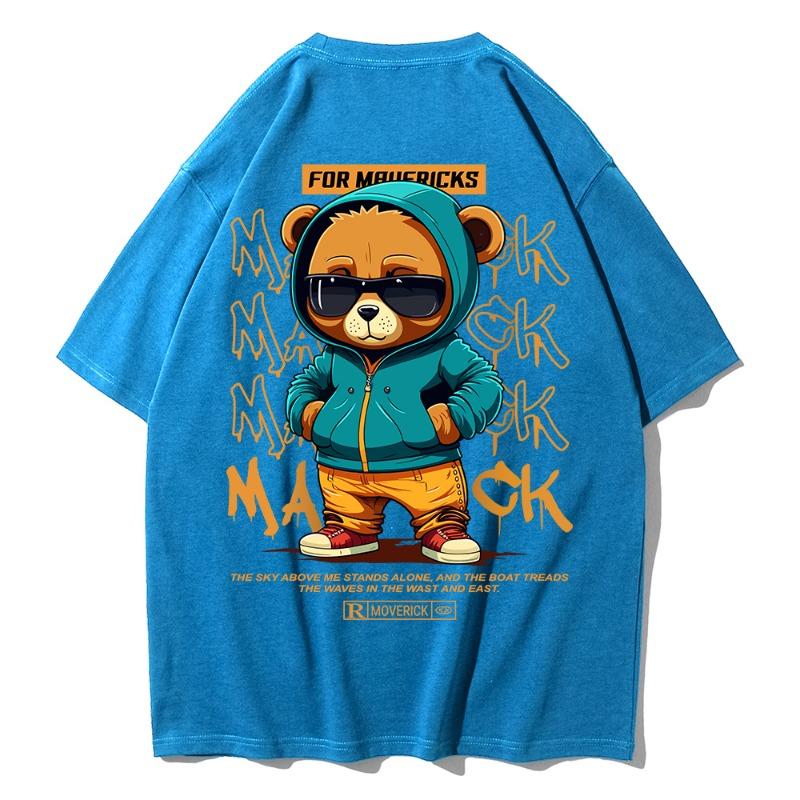 Cotton Fashion Bear Pattern Printed Men's T Shirt Round Neck Loose Tops Breathable Comfortable Casual Oversized Women Clothing