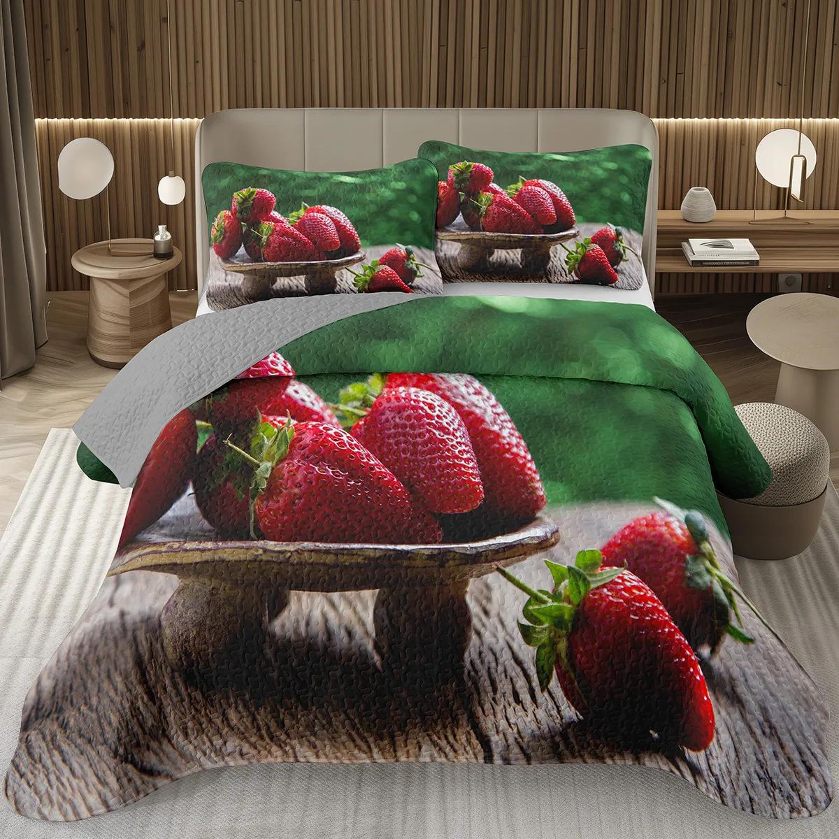 

Comforter Strawberry Kawaii Fruit Twin Queen Cute Strawberries Print Quilted Bedding Set For Girls Teen Bedroom Decor Comforter (quilt)-EU Single(135*200cm)3pcs