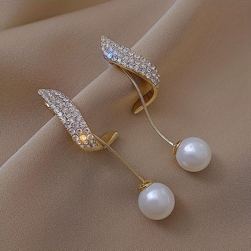 

1Pair of Women s Gold S-shaped Rear Hanging Imitation Pearl Pendant Earrings, Inlaid with Imitation Zircon Classic Simple Fashion Evening Dress