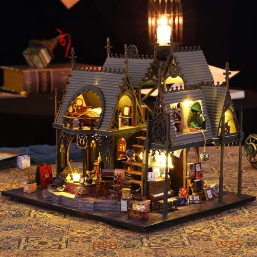 Spilay DIY Wooden Dollhouse Model Castle Building Scenery, Miniature Dollhouse DIY Kit Set for Beginners - (Magic House) + LED Light, Dustproof Cover