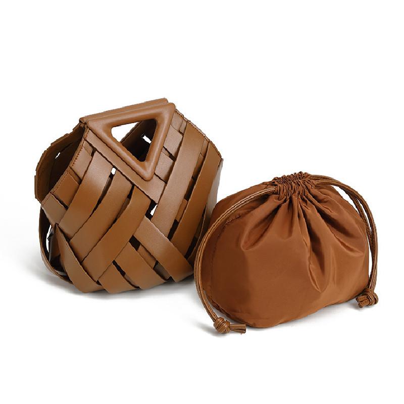 Simple Color Solid Women Casual Woven Drawstring Handbag With Buckle Magnetic