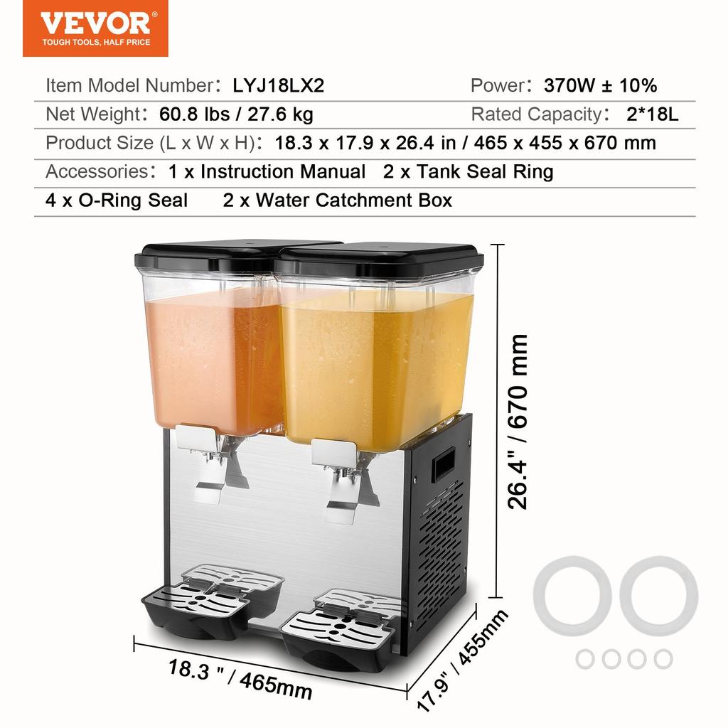 VEVOR Commercial Beverage Dispenser, 2 Tanks 18 L Per Tank Juice Dispenser