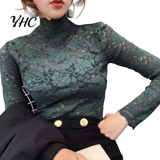 Blouse Half High Collar Long Sleeves See-Through Autumn Top Slim Lace Crochet Patchwork Hollow Tee Streetwear