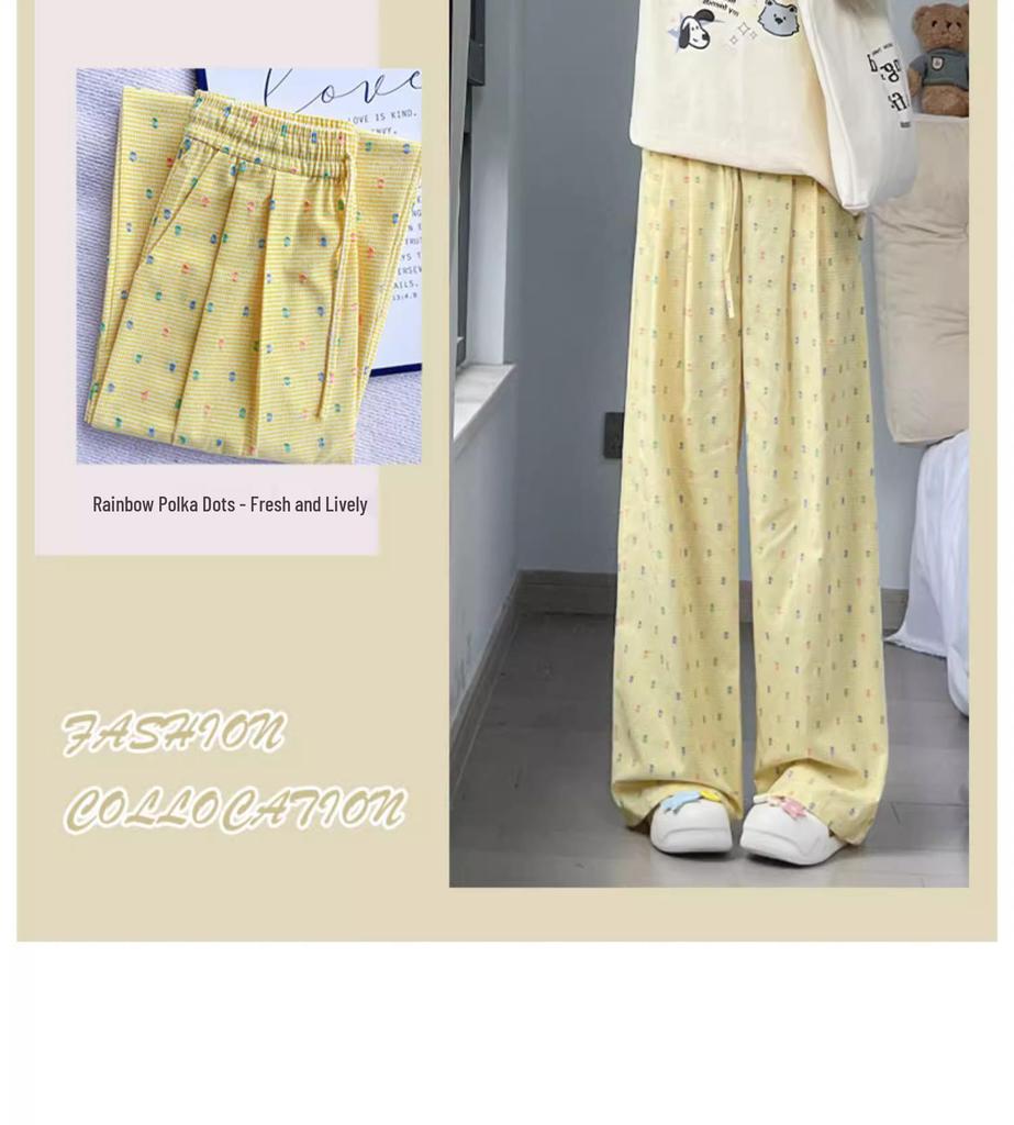 Women's 2024 Summer Yellow Polka Dot Wide-Leg Ice Silk Pants