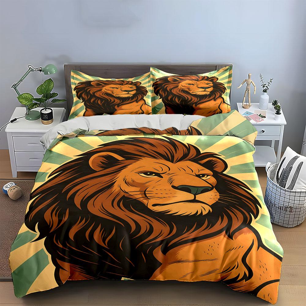 Lion with Striped Background. Bedding Sets Duvet Cover Sets Duvet Covers Pillowcases(1 * Duvet Cover 2 * Pillowcases, Without Duvet Insert)