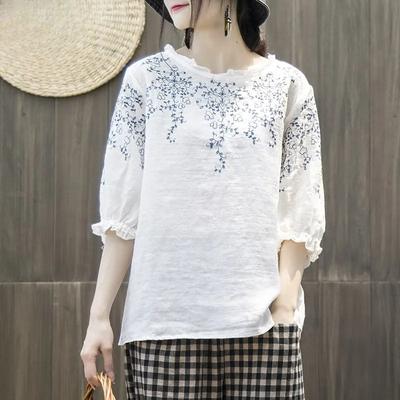 Literary Retro Loose Embroidered Cotton T-shirt Summer Loose Lantern Sleeve Cotton and Linen Blouse Women's Wooden Ear Pullover