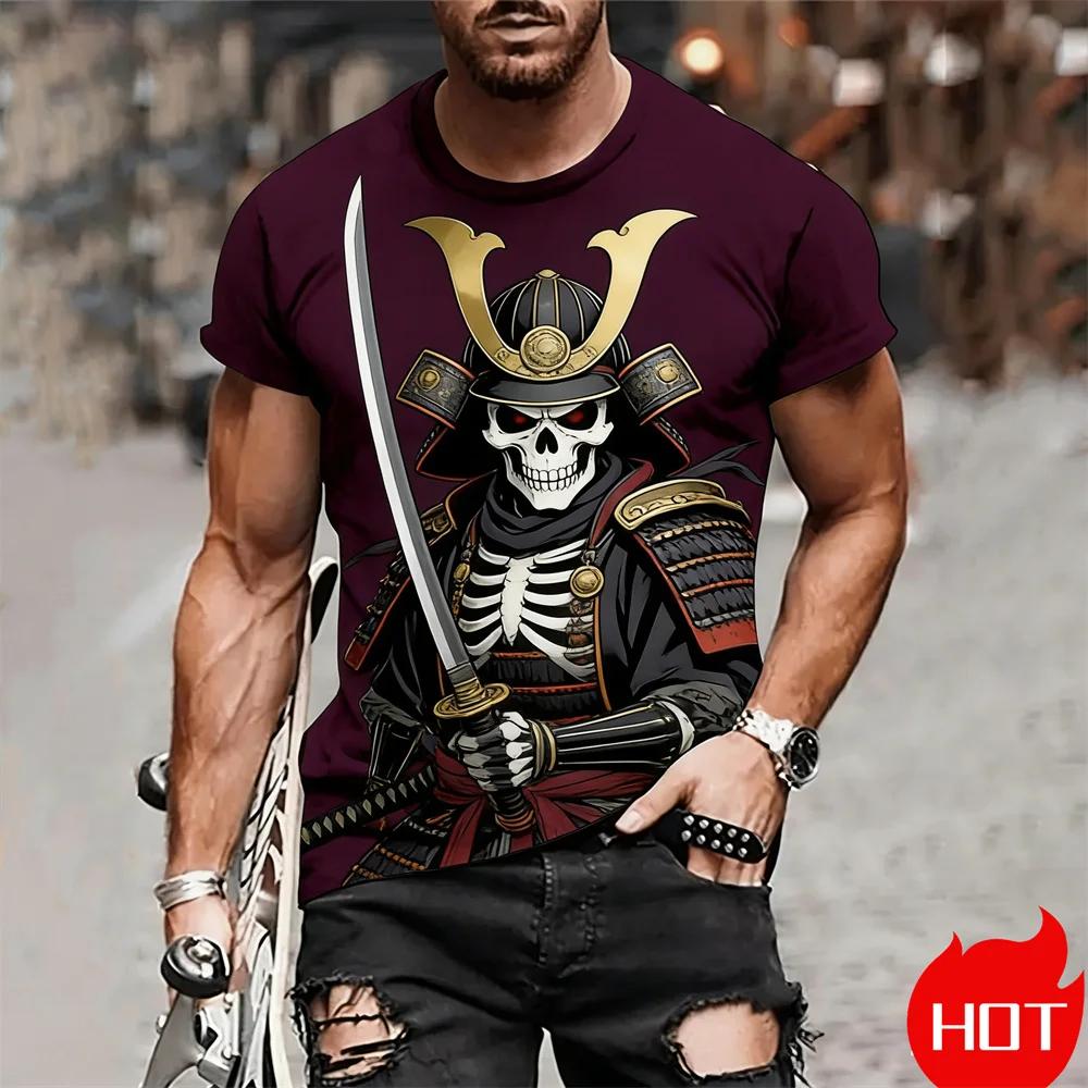 Anime Printed Men's T-shirt 3D Cool Samurai Pattern Short Sleeve Tops Daily Leisure Fashion Breathable Round Neck Pullover Tops