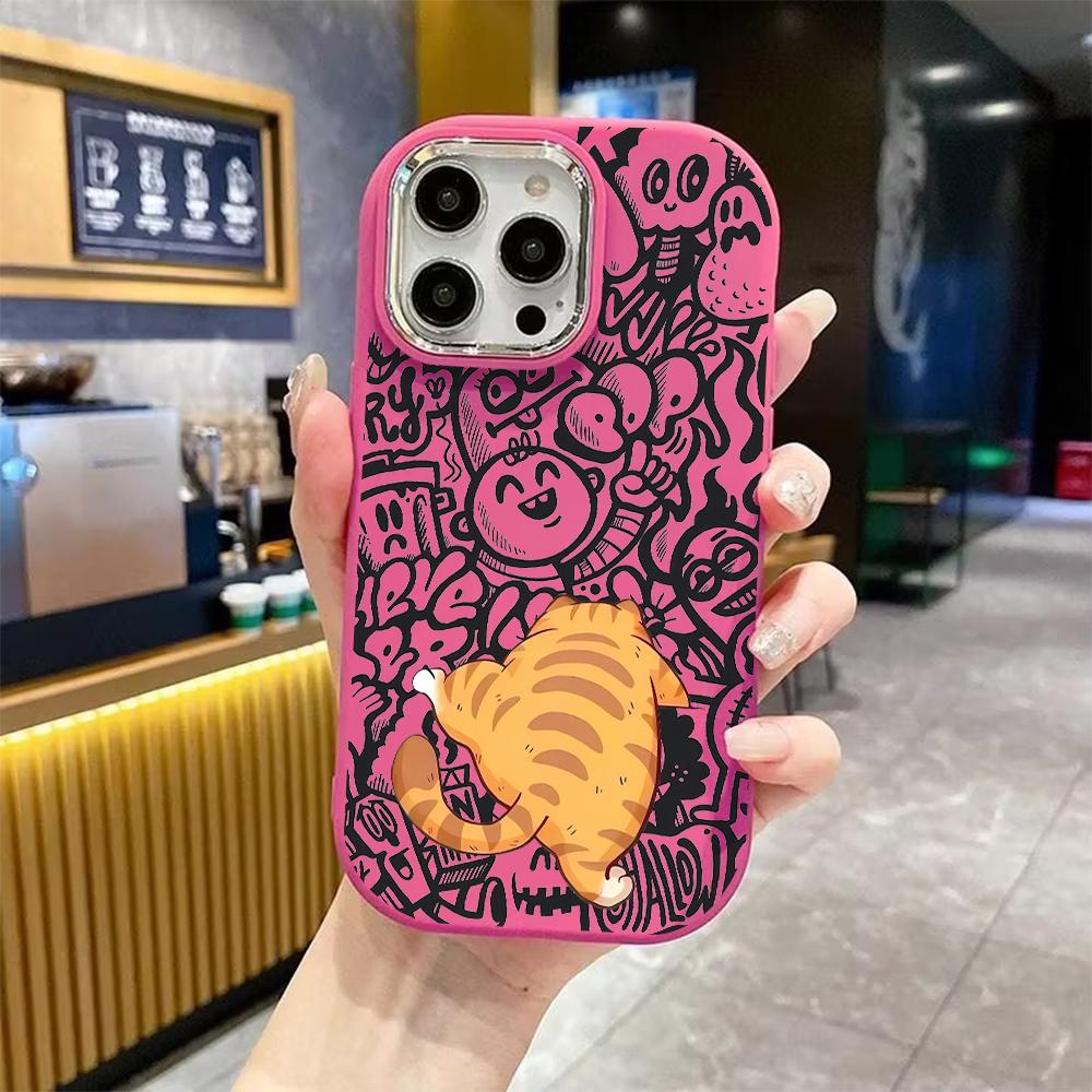 Phone case: 2D flat design suitable for iPhone 18 17 16 15 14 13 Pro protective case, couple style, orange cat back view, Christmas and Halloween gift