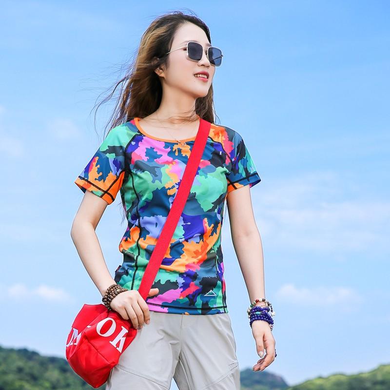 Outdoor camouflage quick-drying clothes women s short-sleeved T-shirt slim-fitting and thin elastic and breathable quick-drying clothes women s sports S камуфляж зеленый