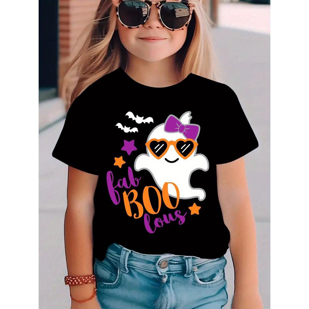 Summer Fashion Girls' Short-sleeved T-shirt, Sunglasses, Bow, Halloween Ghost Cartoon Pattern Print, Casual and Versatile Top