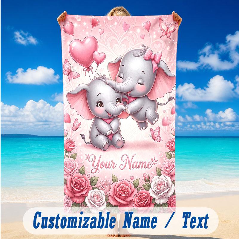 Elephant Theme Beach Towel Personalized Custom Name & Text Soft Quick Dry Beach Towel for Swimming Travel