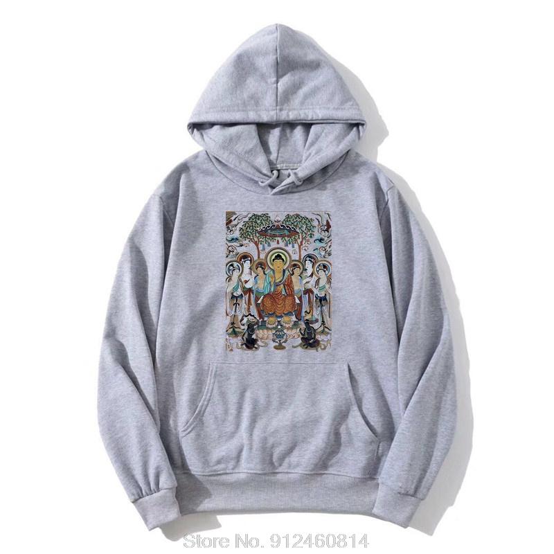 Buddha Statue Graphic Painting Mogao Caves Hoodie Men Cotton Hoody Hip Hop Streetwear Harajuku Jacket Zip Up Hoodie Sweatshirt