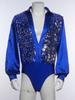 S-XXL Bodysuit de Dança Latina Ballet Masculino Bodice Brilhante com Lantejoulas Decote V Cetim Mangas Longas Entrepernas com Botões Collant para Treinamento Palco