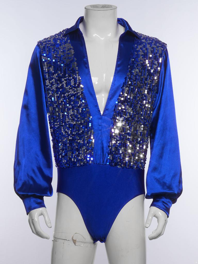 S-XXL Bodysuit de Dança Latina Ballet Masculino Bodice Brilhante com Lantejoulas Decote V Cetim Mangas Longas Entrepernas com Botões Collant para Treinamento Palco