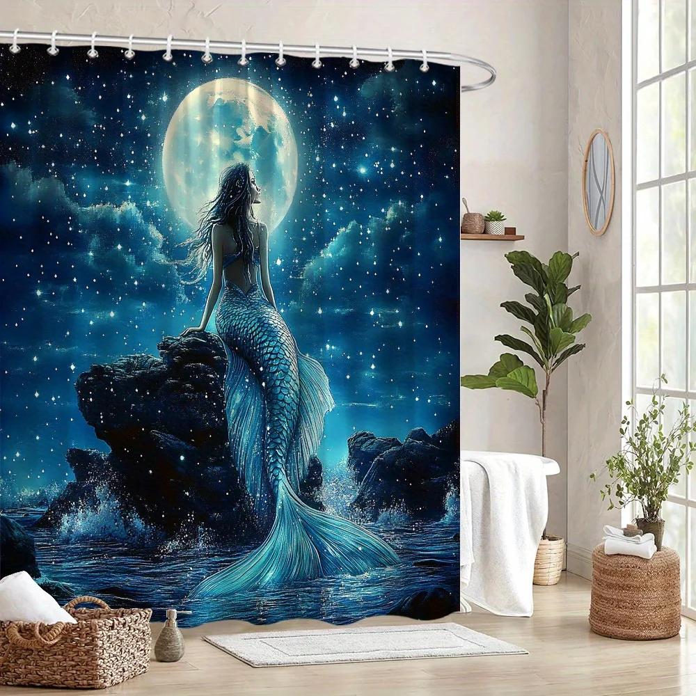 Dunika Chen Turquoise Ethereal Mermaid Under Full Moon Shower Curtain - Shimmering Tail, Starry Night & Ocean Waves, Dreamy Fantasy Art