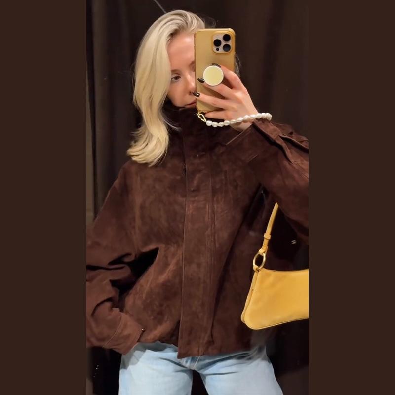 Stand Up Collar Suede Windproof and Warm Brown Jacket Zipper Long Sleeve Women's Jacket Retro Streetwear Autumn and Winter
