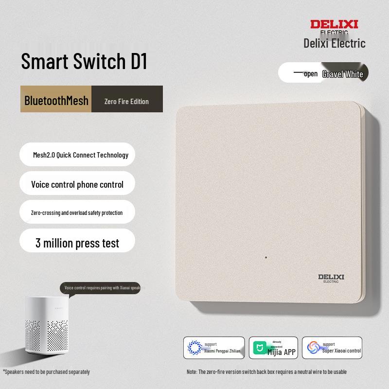 Delixi Ultra-thin Smart Switch Panel with Single/Double Control, Bluetooth 2.0, Mijia APP connectivity, and voice control support.