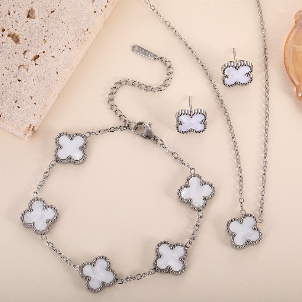 3PCS Titanium Steel Double-sided Clover Necklace Bracelet Earring Set