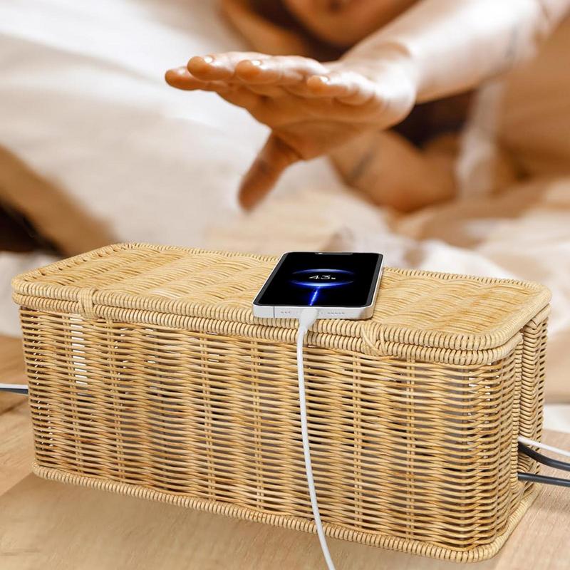 Rattan Cable Management Box Cable Hider Organizer Breathable Cable Box Organizer 2 Open Slots Cords Power Board Hider Box