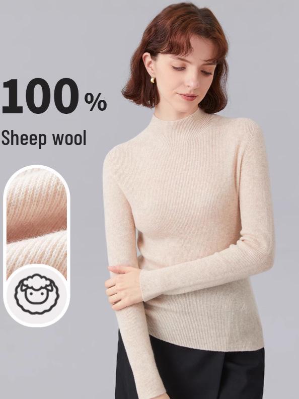 Women's Fine Wool Seamless Knit Shirt, Semi-High Neck Base Layer, Winter Inner Wear
