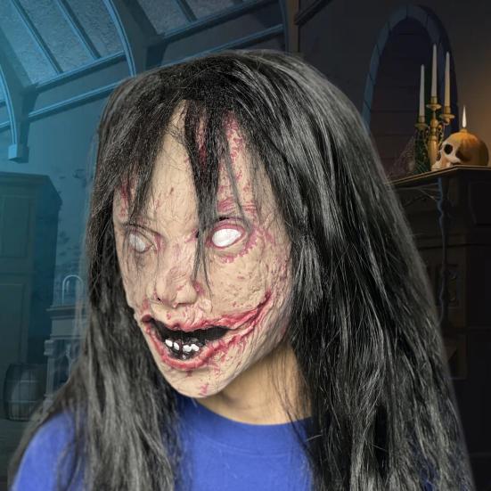 Halloween Skrekk Grimase Spøkelse Maske Skummel Fullhode Lateks Zombie Maske med Hår Ekkelt Halloweenfest Cosplay Kostyme